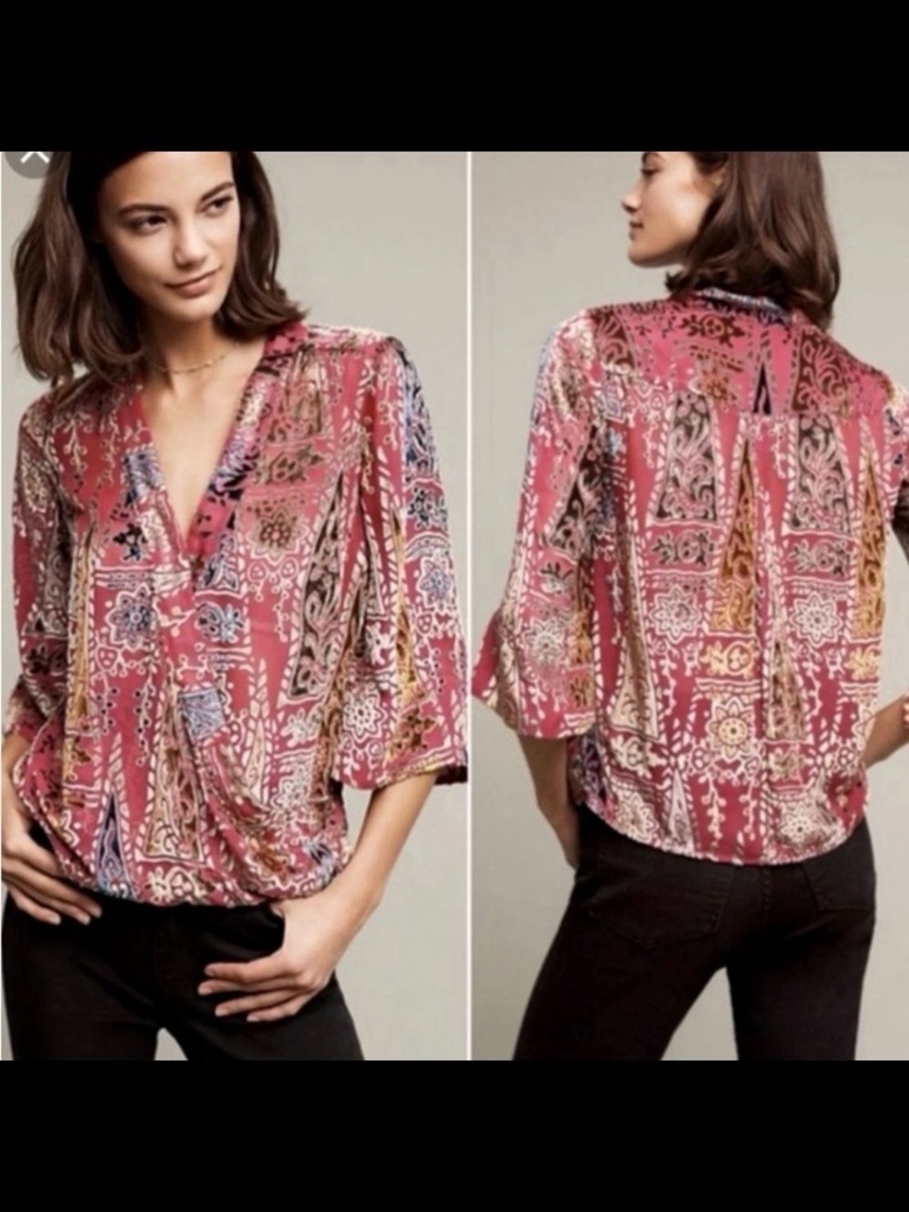 Anthropologie Floreat Japonica velvet wrap blouse size L dark whimsy goth boho